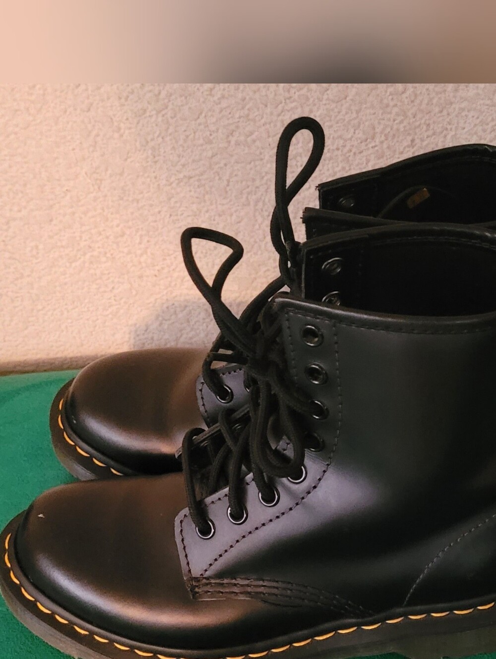 Dr. Martens Black Leather Lace-Up Ankle Boots with Yellow Stitching